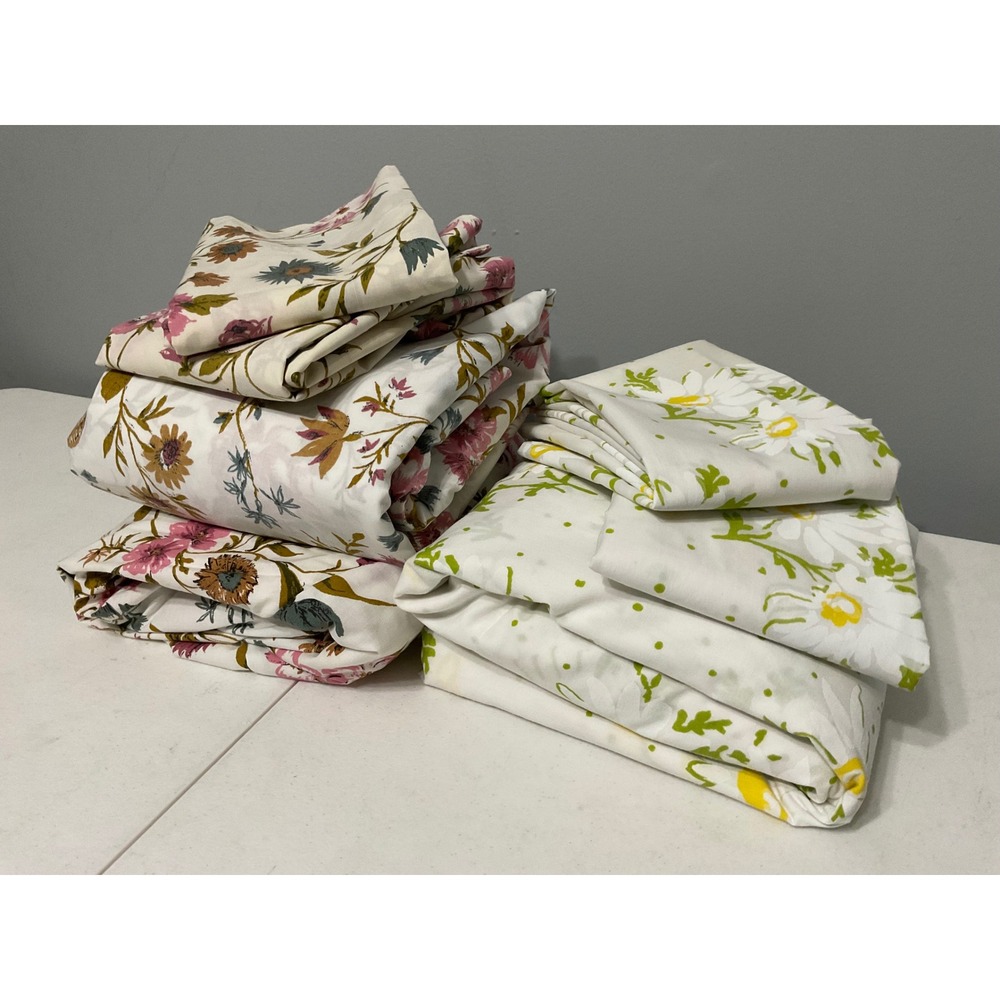 Vintage 70s Floral Sheet Set Bundle Martex Utica Daisy Wildflower Percale Double